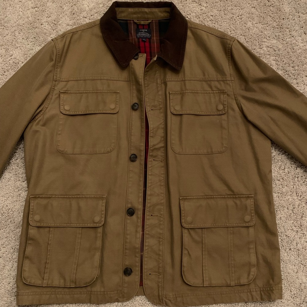 Mens JCrew factory jacket, size XL, like new! Tan with corduroy collar